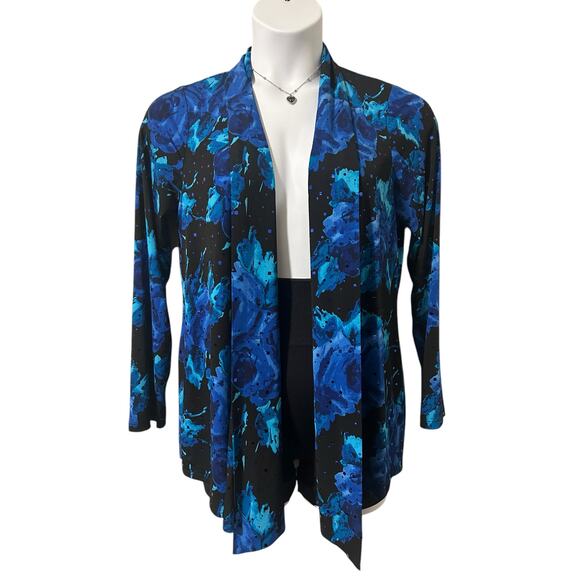 Susan Graver Womens Floral Stretchy Open Front Sparkly Cardigan Black Blue Sz S - Picture 4 of 10
